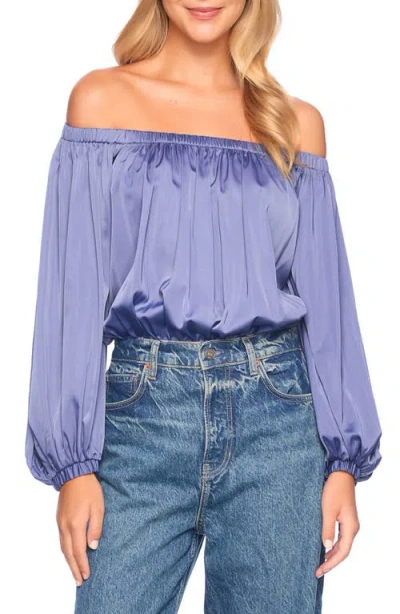 Susana Monaco Off The Shoulder Matte Satin Blouson Bodysuit In Mediterranean