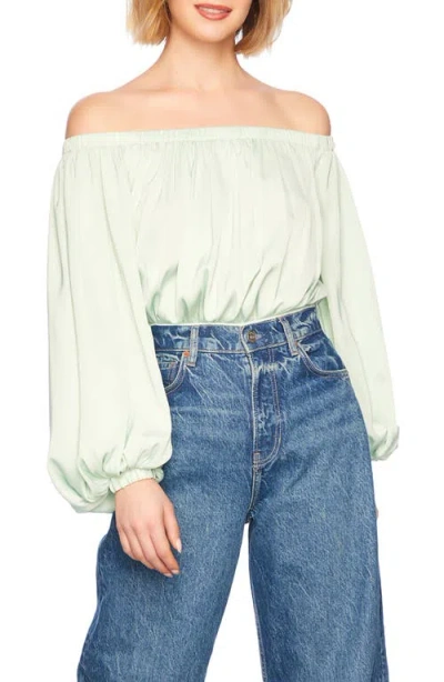 Susana Monaco Off The Shoulder Matte Satin Blouson Bodysuit In Mint Chip