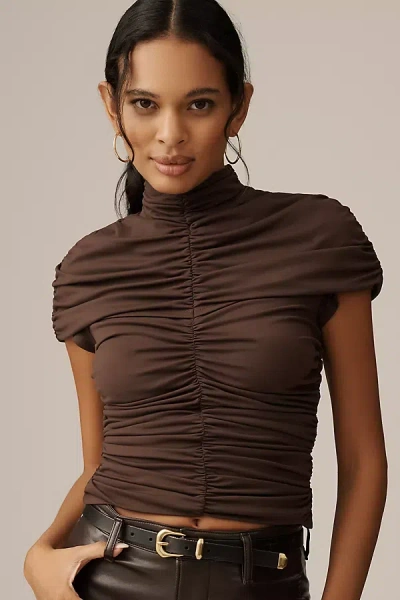 Susana Monaco Short-sleeve Mock-neck Ruched Top In Brown