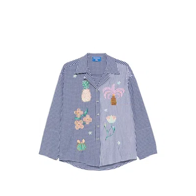 Susanna Blu Gingham Striped Embroidered Shirt In Multi
