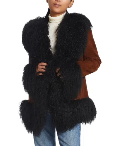 Susanna Chow Dorothy Cognac Suede & Shearling Trim Coat In Cognac/black Trim