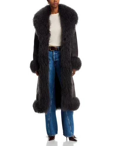 Susanna Chow Dorothy Leather & Shearling Trim Midi Coat In Black