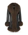 Susanna Chow Dorothy Leather & Shearling Trim Midi Coat In Black/brown Trim