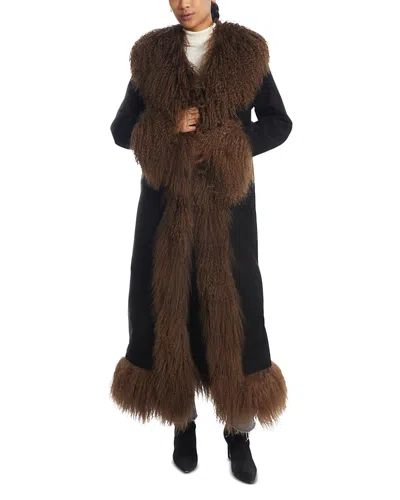 Susanna Chow Dorothy Suede & Shearling Trim Maxi Coat In Black/brown Trim