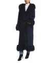 Susanna Chow Dorothy Suede & Shearling Trim Maxi Coat In Navy/black Trim