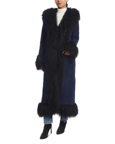 Susanna Chow Dorothy Suede & Shearling Trim Maxi Coat In Navy/black Trim