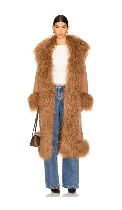 Susanna Chow Dorothy Suede Maxi Coat With Fur Trim In Tan