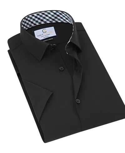 Suslo Couture Men's Slim Fit Performance Short Sleeves Solid Button Down Shirt In Black