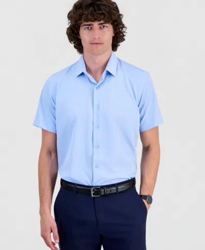 Suslo Couture Men's Slim-fit Four-way Stretch Solid Short-sleeve Dress Shirt In Blue