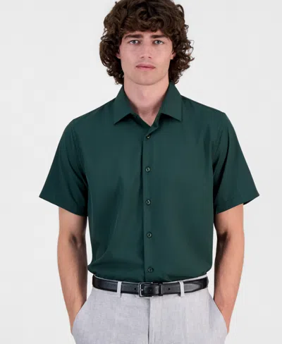 Suslo Couture Men's Slim-fit Four-way Stretch Solid Short-sleeve Dress Shirt In Green
