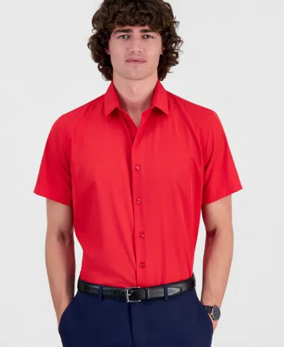 Suslo Couture Men's Slim-fit Four-way Stretch Solid Short-sleeve Dress Shirt In Red