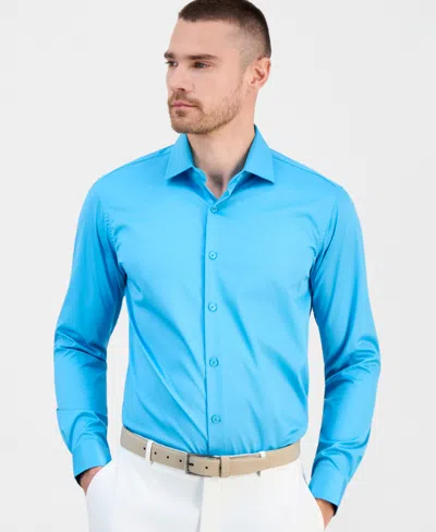 Suslo Couture Men's Slim-fit Solid Four-way Stretch Dress Shirt In Blue