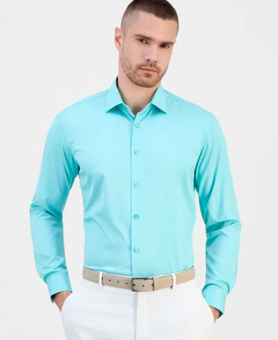 Suslo Couture Men's Slim-fit Solid Four-way Stretch Dress Shirt In Blue