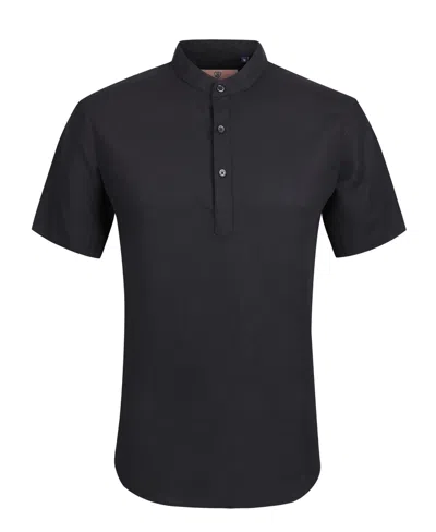 Suslo Couture Mens Linen Solid Banded Collar Button Up In Black
