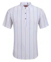 Suslo Couture Mens Linen Stripped Banded Collar Button Up In Blue