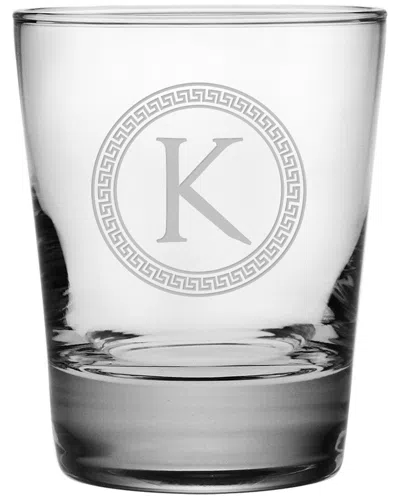 SUSQUEHANNA SUSQUEHANNA GLASS MONOGRAMMED SET OF FOUR 13.25OZ GREEK HEAVY BASED DOUBLE OLD FASHIONED GLASS MONOG