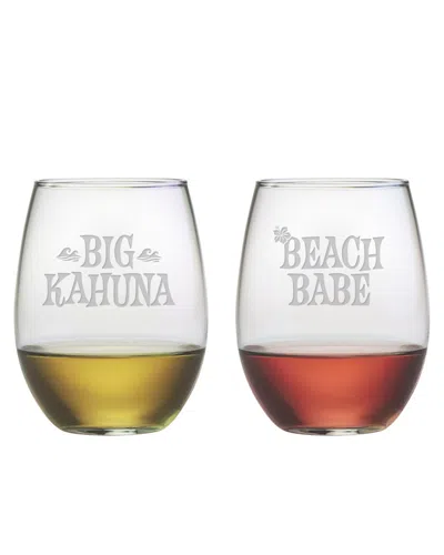 Susquehanna Glass Set Of 2 Big Kahuna & Beach Babe Stemless Wine Glasses