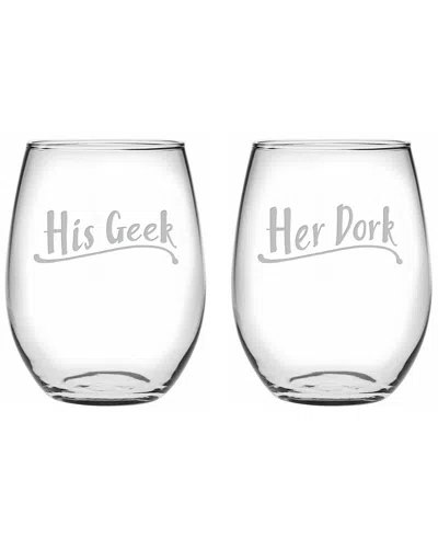 Susquehanna Glass Set Of 2 His Geek & Her Dork Stemless Wine Glasses