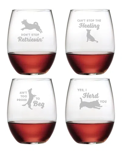 Susquehanna Glass Set Of 4 Clever Canines Assortment Stemless Wine Tumblers
