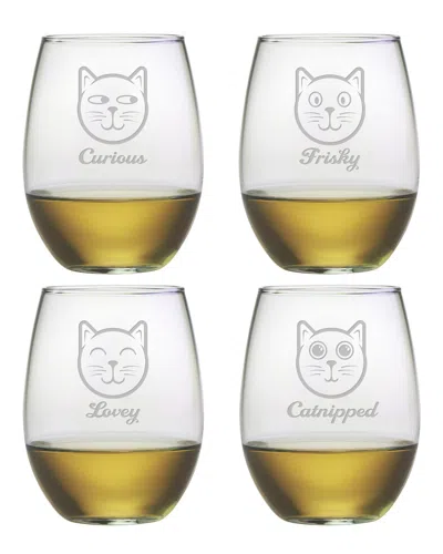 Susquehanna Glass Set Of 4 Feline Faces Assortment Stemless Wine Tumblers