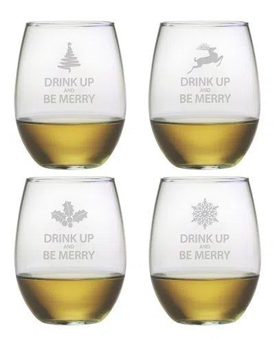 Susquehanna Glass Set Of Four Drink Up & Be Merry 21oz Stemless