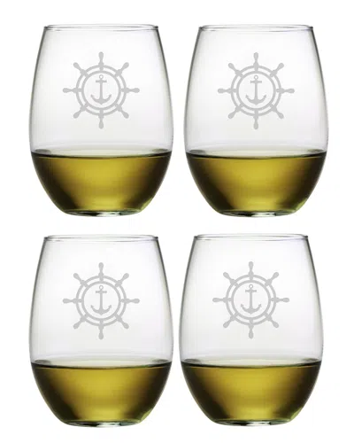 Susquehanna Glass Set Of Four Wheel & Anchor 21oz Stemless Wine Glasses