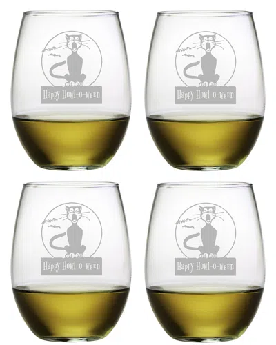 Susquehanna Set Of 4 Black Cat Howl-o-ween Stemless Wine Glasses