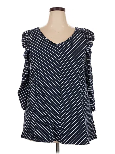 Pre-owned Suzanne Betro 3/4 Sleeve Top Blue Chevron/herringbone Pattern V-neck Tops