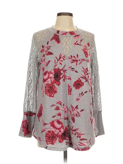 Pre-owned Suzanne Betro Long Sleeve Top Gray Floral Pattern Mock Neckline Tops