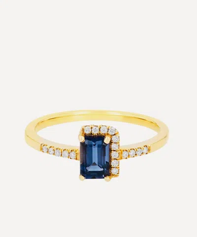 Suzanne Kalan 14ct Gold Ann Emerald Cut English Blue Topaz And Pave Diamond Halo Ring