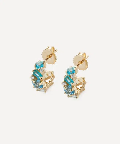 Suzanne Kalan 14ct Gold Blue Mix Diamond Cluster Mini Hoop Earrings