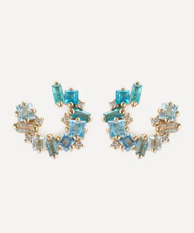 Suzanne Kalan 14ct Gold Blue Mix Sideways Spiral Hoop Earrings