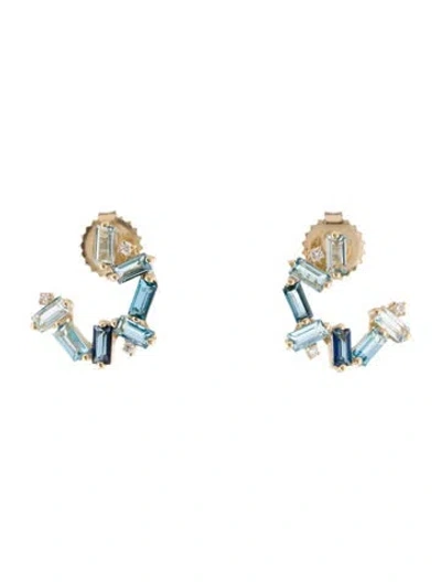 Pre-owned Suzanne Kalan 14k 1.54ctw Topaz & Diamond Amalfi Burst Sideways Mini Hoops In Multi