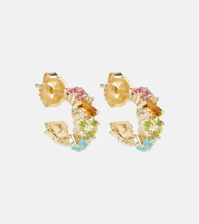 Suzanne Kalan 14kt Gold Mini Hoop Earrings With Gemstones And Diamonds In Rainbow/yg