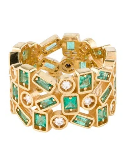 Pre-owned Suzanne Kalan 18k 2.07ctw Emerald & Diamond Triple Row Eternity Band In Multi