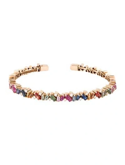 Pre-owned Suzanne Kalan 18k 3.30ctw Sapphire & Diamond Rainbow Frenzy Cuff, 6.25" In Multi