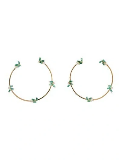 Pre-owned Suzanne Kalan 18k Emerald & Diamond Fireworks Hoop Earrings In Multi