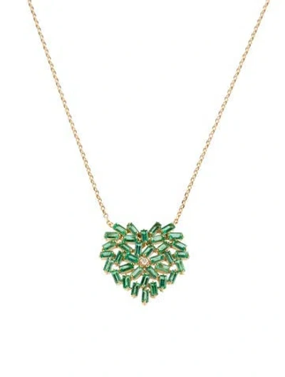 Pre-owned Suzanne Kalan 18k Emerald & Diamond Heart Pendant Necklace, 18" In Multi
