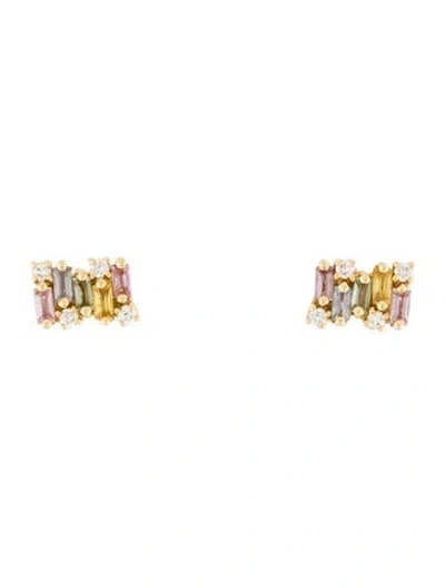 Pre-owned Suzanne Kalan 18k Multi Sapphire & Diamond Stud Earrings