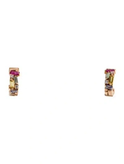 Pre-owned Suzanne Kalan 18k Ruby, Sapphire & Diamond Frenzy Pastel Huggie Earrings In Multi