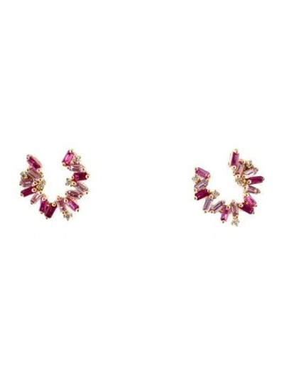 Pre-owned Suzanne Kalan 18k Ruby, Sapphire & Diamond Mixed Spiral Hoop Earrings In Multicolor