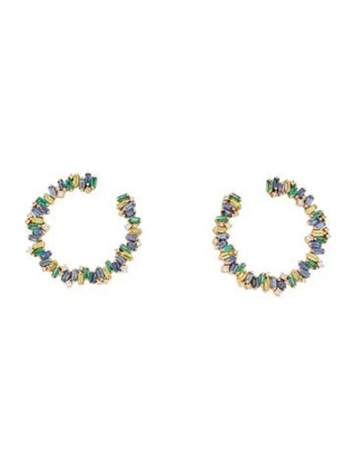Pre-owned Suzanne Kalan 18k Sapphire, Emerald & Diamond Bold Burst Sideways Midi Hoop Earrings In Multi