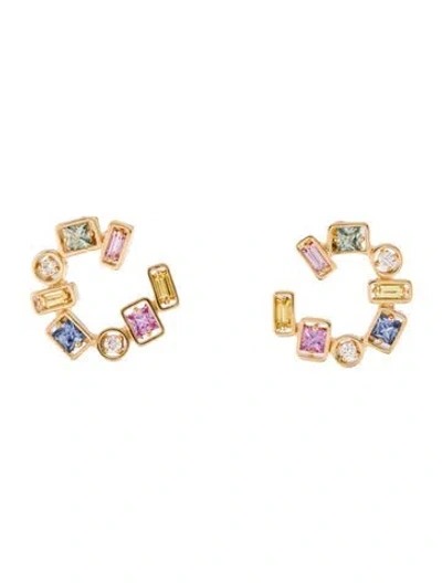 Pre-owned Suzanne Kalan 18k Sapphire Rainbow Inlay Sideways Hoops In Multi