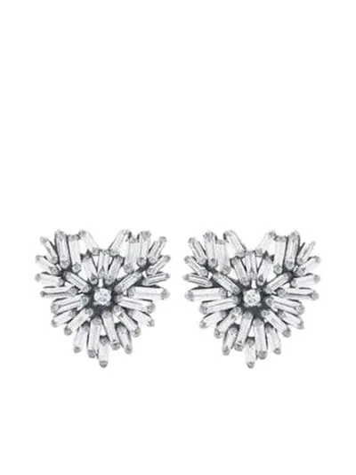 Suzanne Kalan 18k White Gold Small Heart Diamond Earrings In Metallic