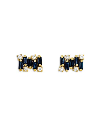 Suzanne Kalan 18k Yellow Gold Shimmer Blue Sapphire & Diamond Baguette Cluster Stud Earrings In Black