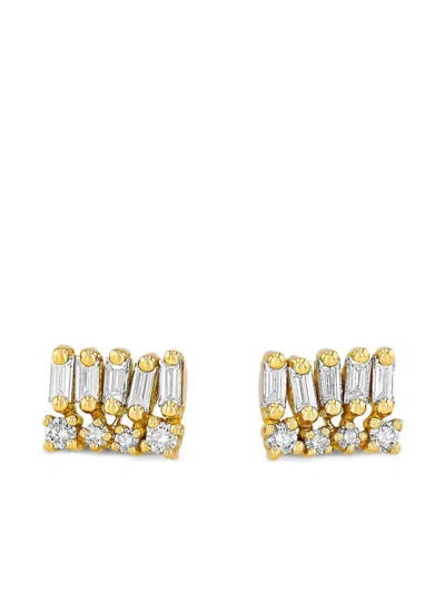 Suzanne Kalan 18k Yellow Gold Short Stacked Mixed Diamond Stud Earrings In Metallic