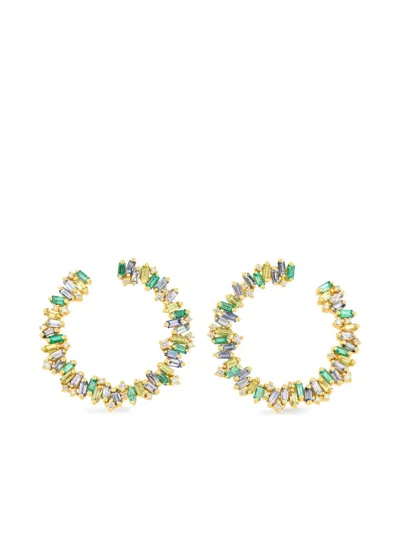 Suzanne Kalan 18k Yellow Gold Sideways Sapphire And Diamond Earrings In Green