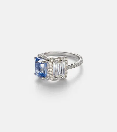 Suzanne Kalan 18kt White Gold (750/1000) Ring With Diamonds And Sapphire In Silver