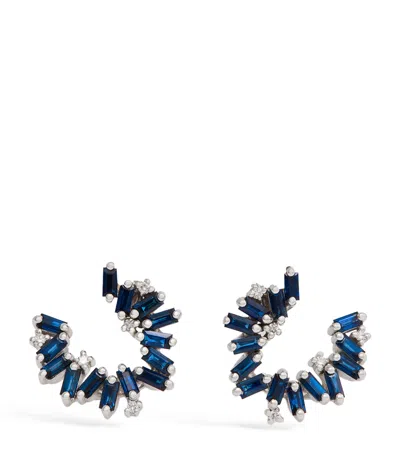 Suzanne Kalan Mini White Gold And Sapphire Bold Hoops