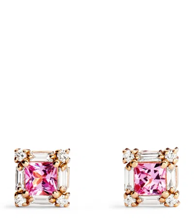 Suzanne Kalan Rose Gold, Diamond And Pink Sapphire Mini Princess Stud Earrings